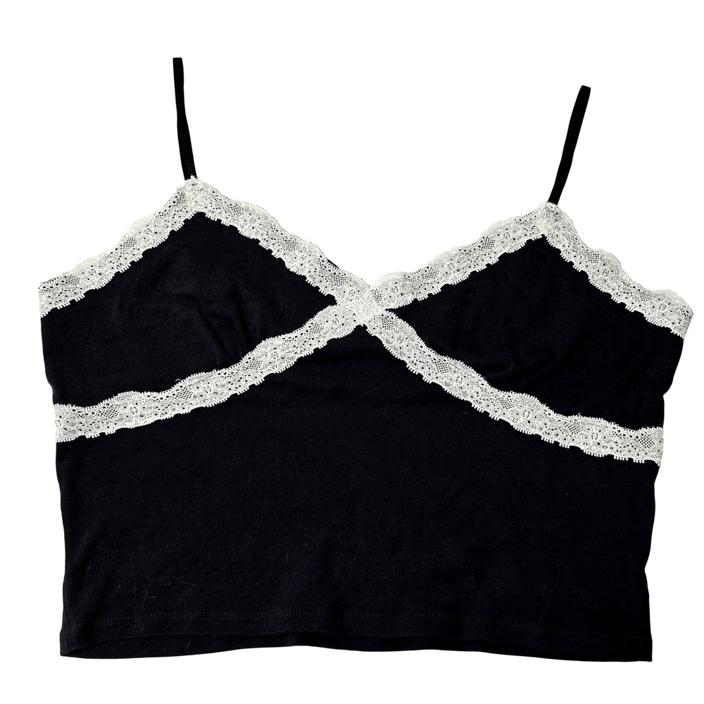 Stitch & Pine Womens XL Black Lace Trim Cami Top Spaghetti Strap‎ V-Neck Cropped